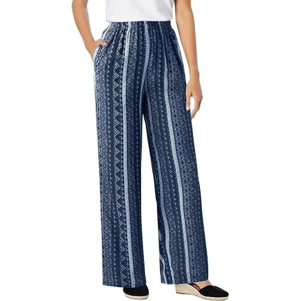 Woman Within Women's Plus Size Pull-On Elastic Waist Soft Pants 18W Tall Blue
